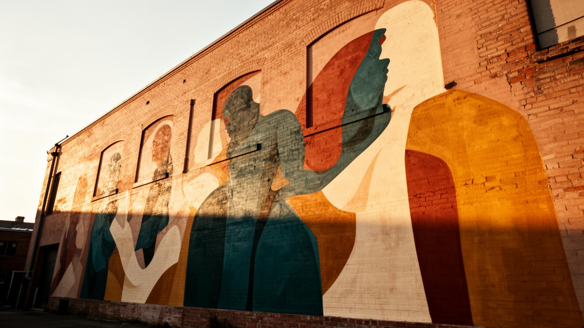 Large exterior mural on a brick building in late afternoon light